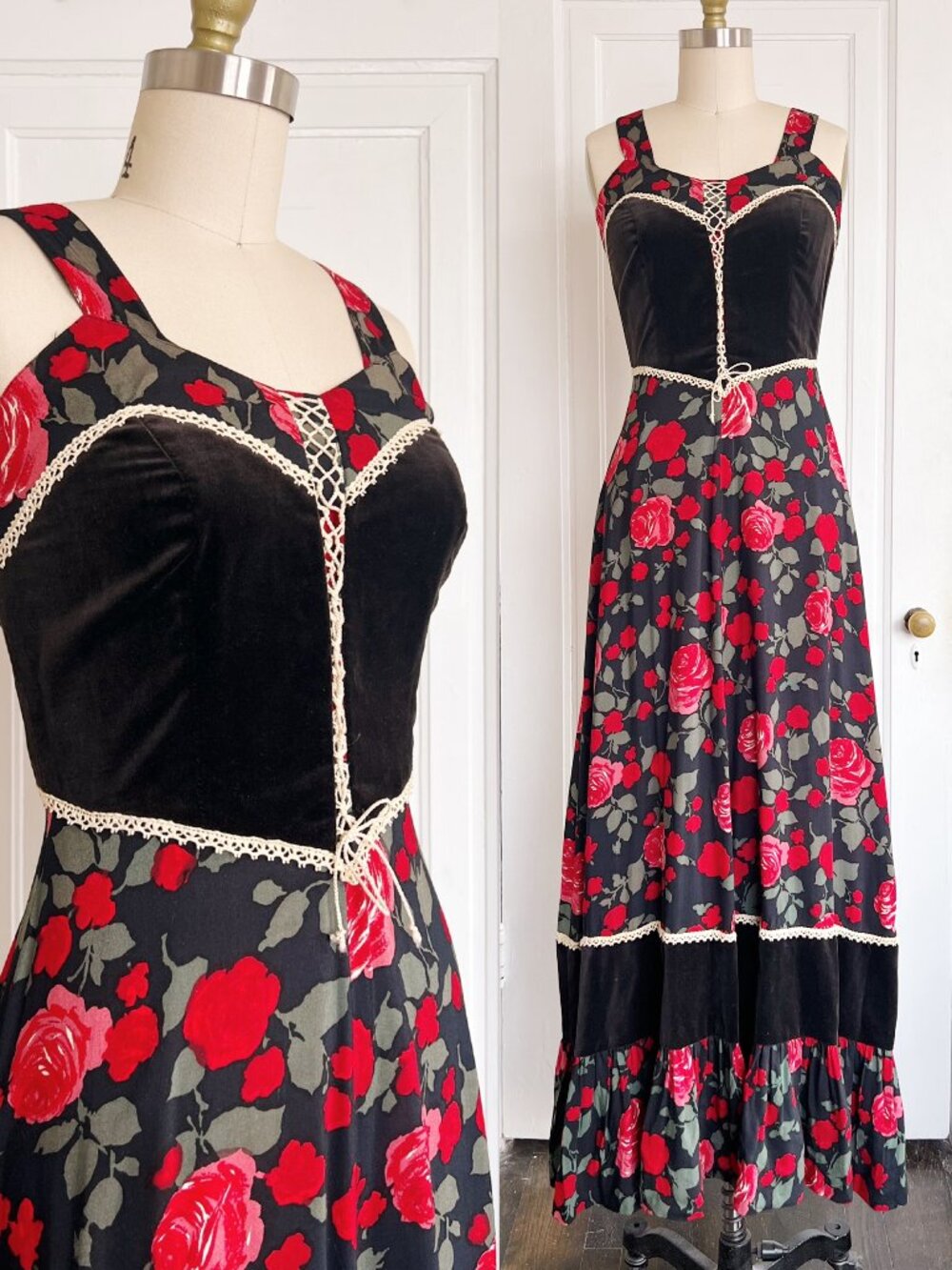 vintage • 1970s Jonathan Logan red rose print maxi dress Gunne Sax prairie black